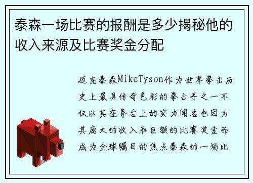 泰森一场比赛的报酬是多少揭秘他的收入来源及比赛奖金分配