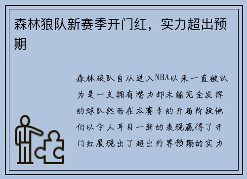 森林狼队新赛季开门红，实力超出预期